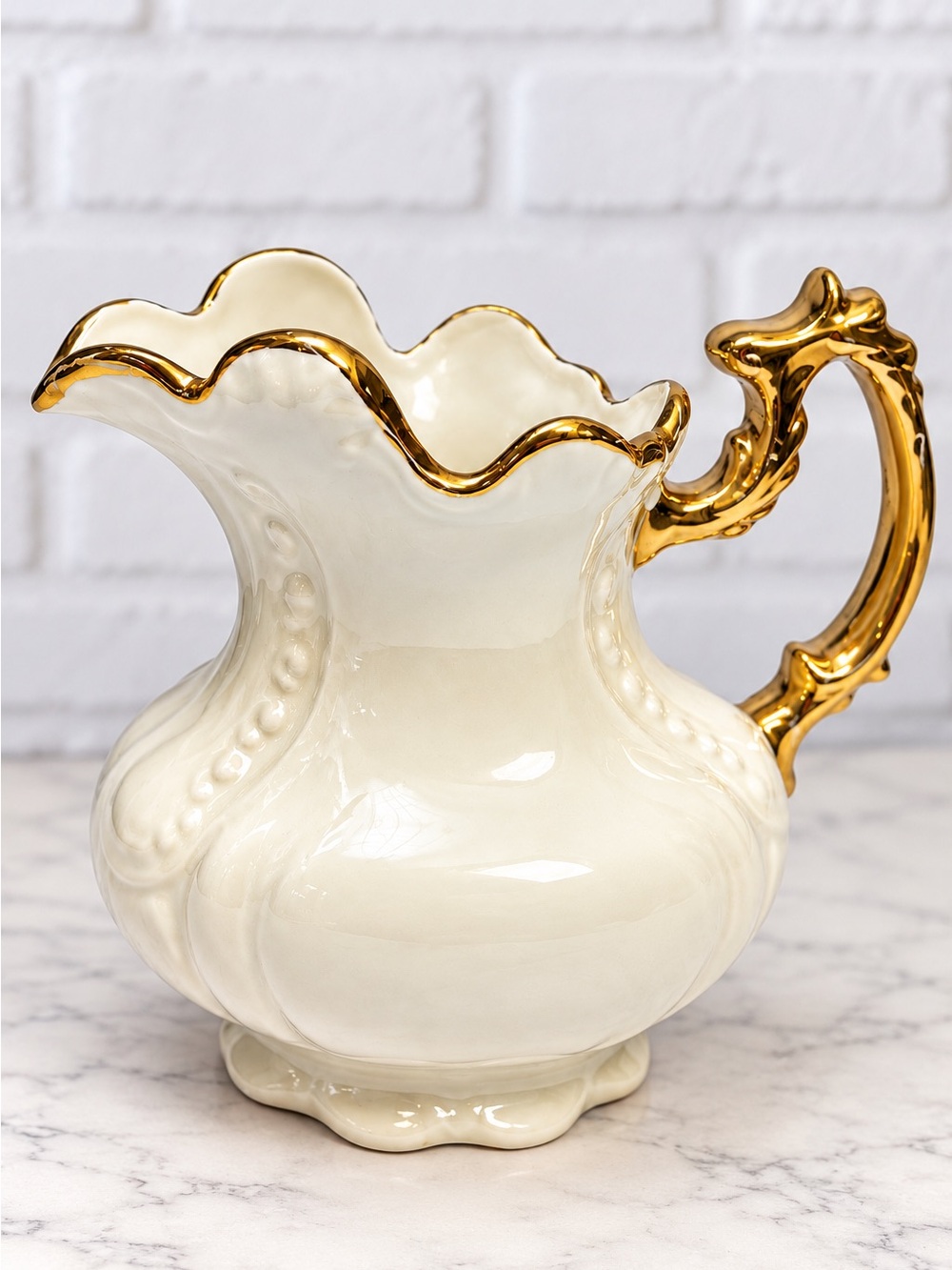 Handmade Vintage Ivory Ceramic Gold Trim Creamer Pitcher Cottagecore